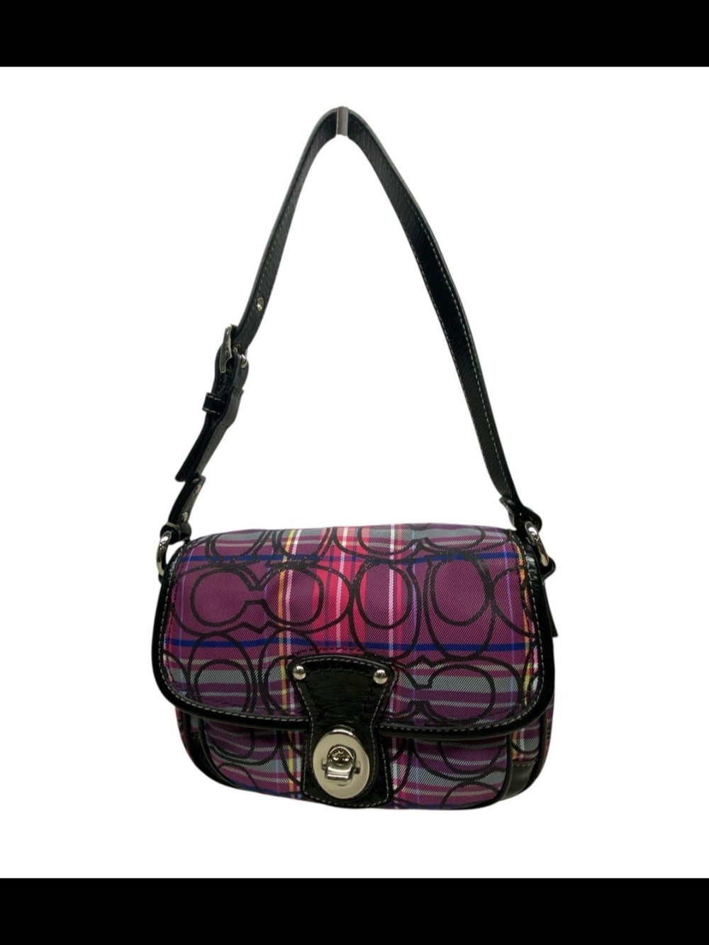 Coach Poppy Tartan  Plaid Signature Shoulder Bag with Black Leather Strap